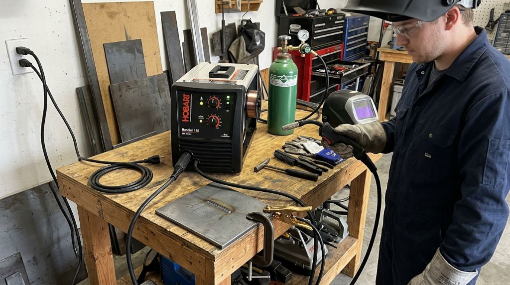 Basic welding machine setup with power source, cables, and welding torch for beginners