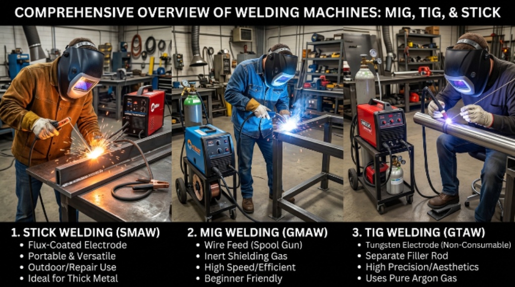 Comprehensive overview of different welding machines including MIG, TIG, and stick welding types