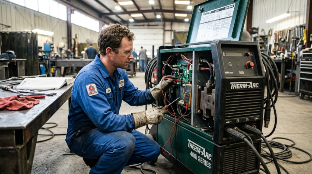Technician inspecting welding machine during maintenance and troubleshooting process
