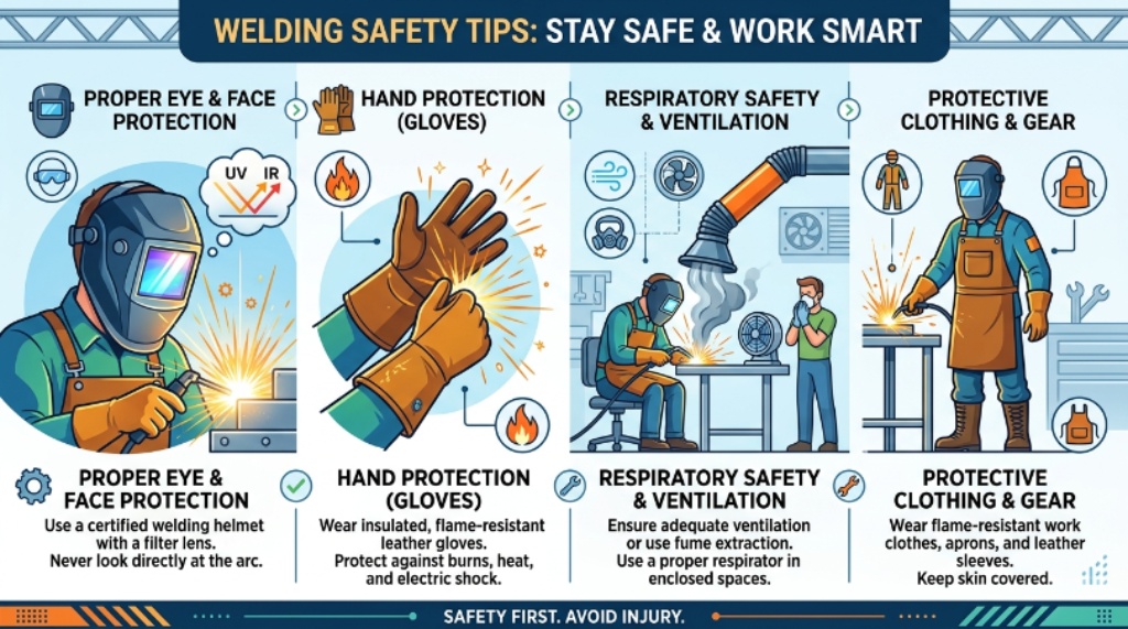 Worker following essential welding safety guidelines with protective gear and equipment