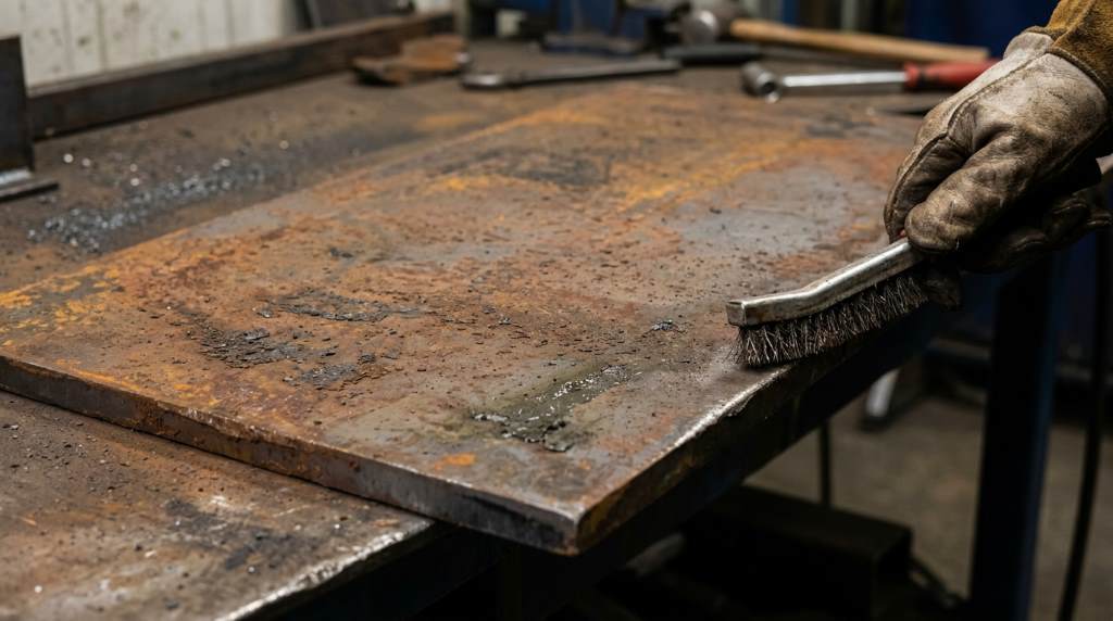 Degreasing a weld joint with acetone and a clean cloth