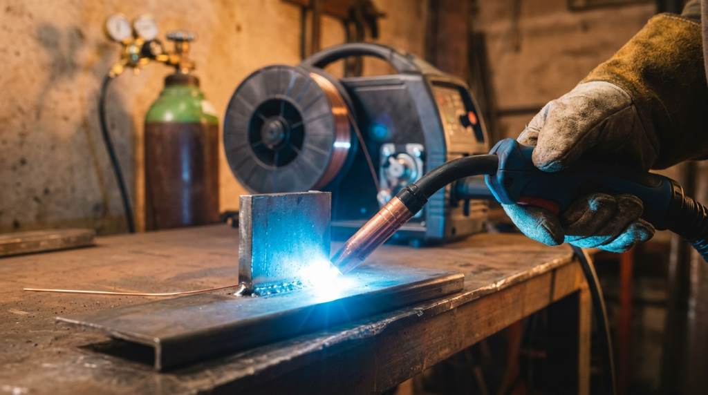 MIG welding machine setup with wire feed and gas cylinder