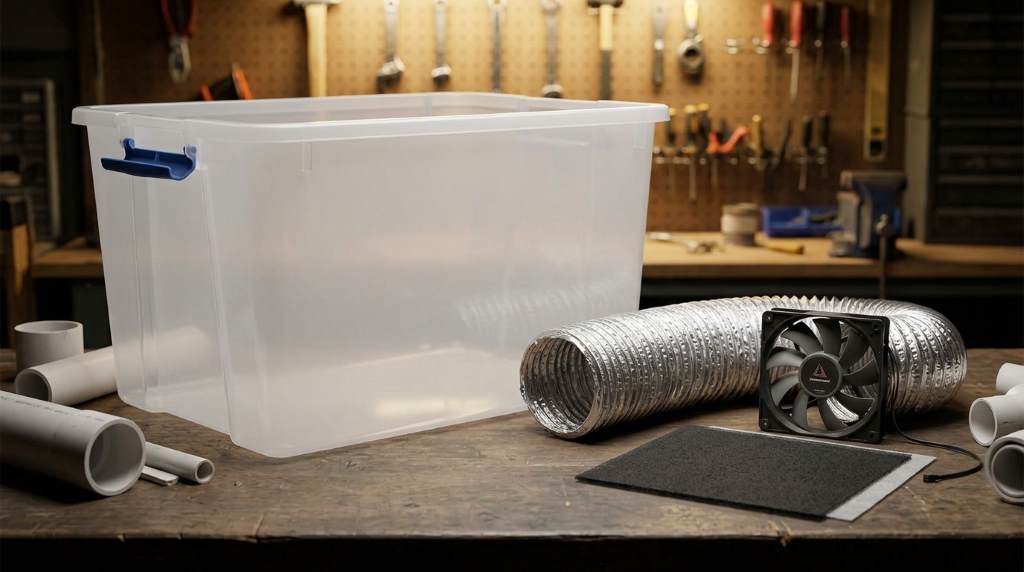 Welding workspace with a DIY fume extractor in action