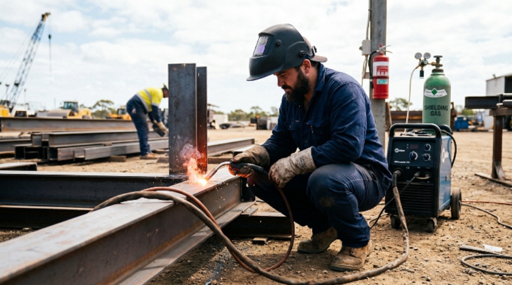 Outdoor MIG welding with shielding gas and safety precautions