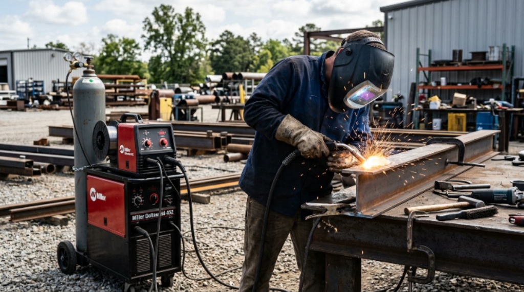 Welder using a MIG welding machine outside