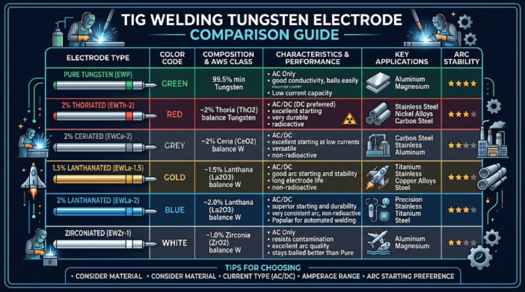TIG welding tungsten electrodes comparison guide
