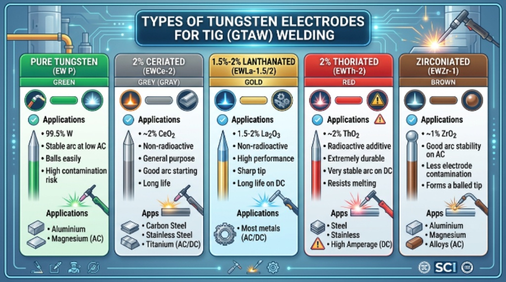 Different types of tungsten electrodes for TIG welding
