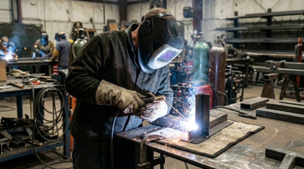 Welder using the correct stick welding technique