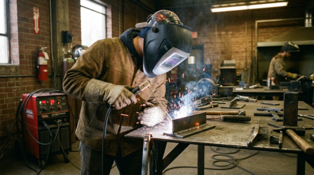 Beginner practicing SMAW stick welding techniques