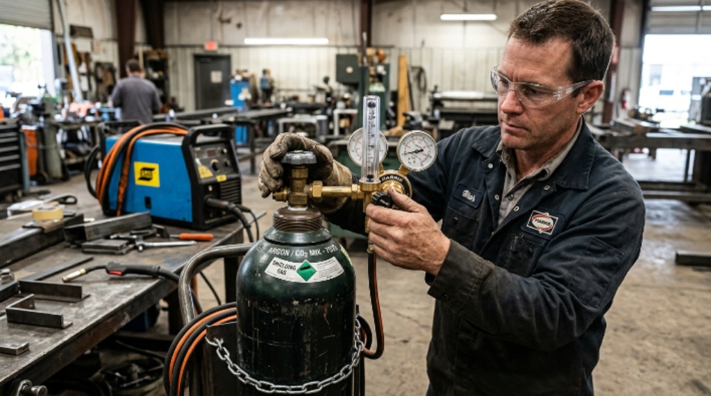 MIG welder adjusting shielding gas regulator flow rate on argon CO2 cylinder