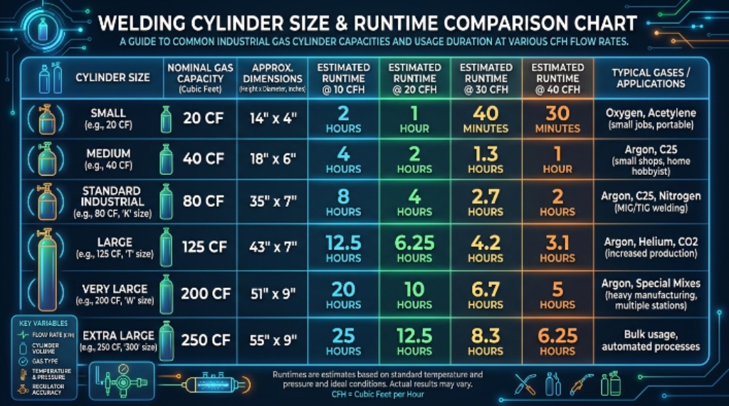 Chart comparing welding cylinder sizes and runtime at different CFH flow rates