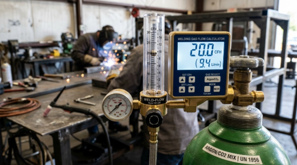 Welding gas flow rate calculator showing CFH and L/min settings on regulator