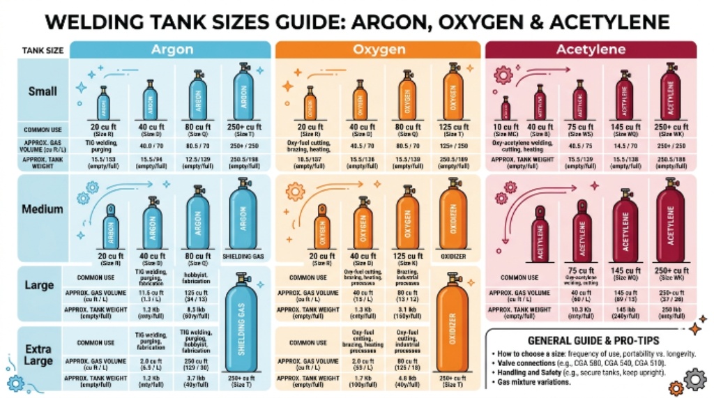 Argon, Oxygen and Acetylene welding tank sizes guide