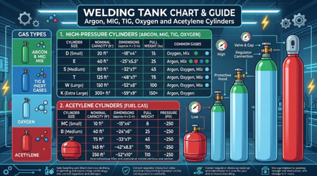 Welding Tank Size Chart: Complete Guide to Argon, MIG, TIG, Oxygen and Acetylene Cylinders