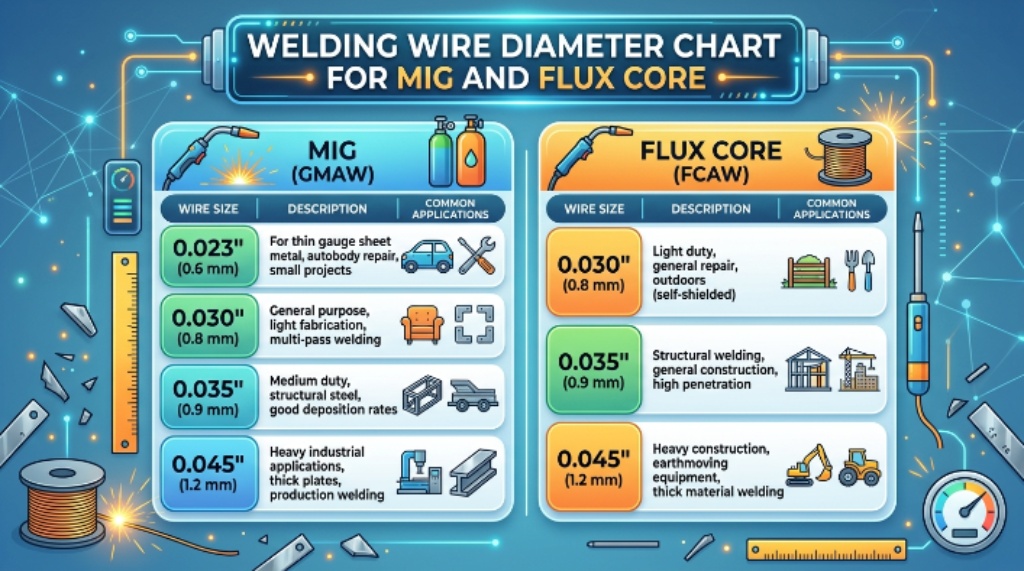 Welding wire diameter chart for MIG and flux core
