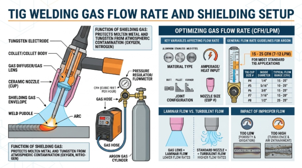 TIG welding gas flow rate and shielding setup
