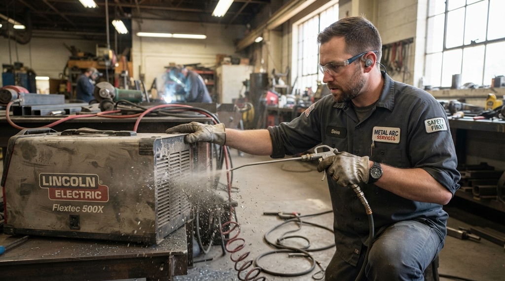 A worker blowing metal dust out of welding machine cooling vents with compressed air.