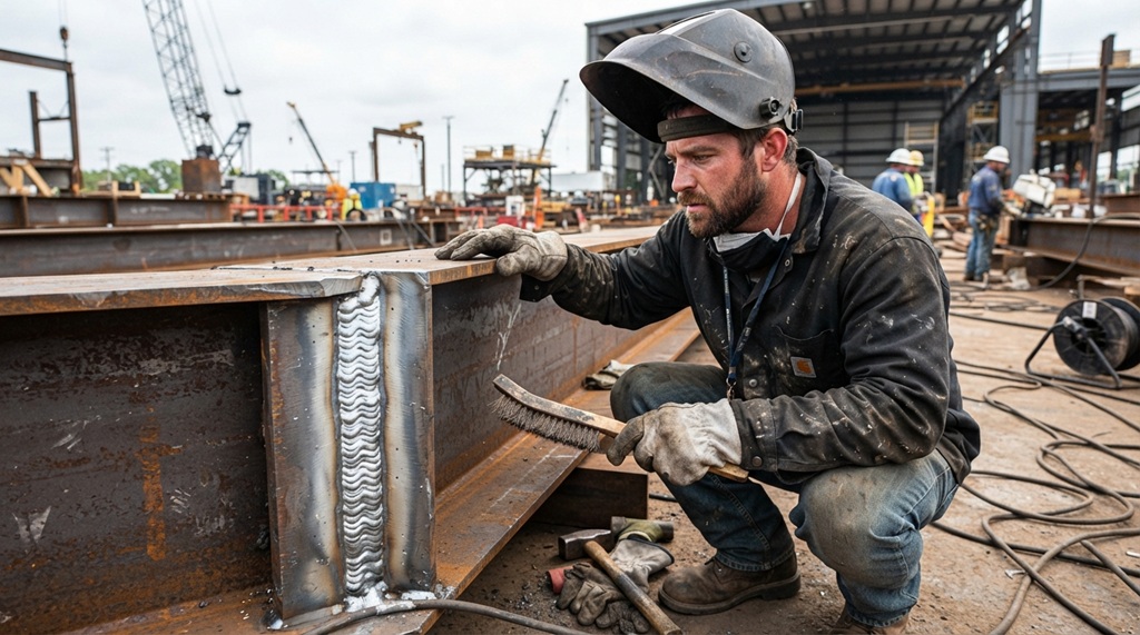 A male welder brushing slag off a clean steel weld joint outdoors.