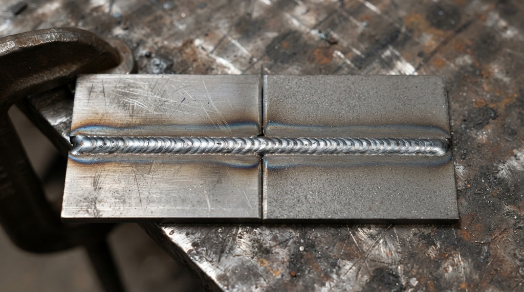 A clean MIG weld bead joining two flat pieces of steel together.