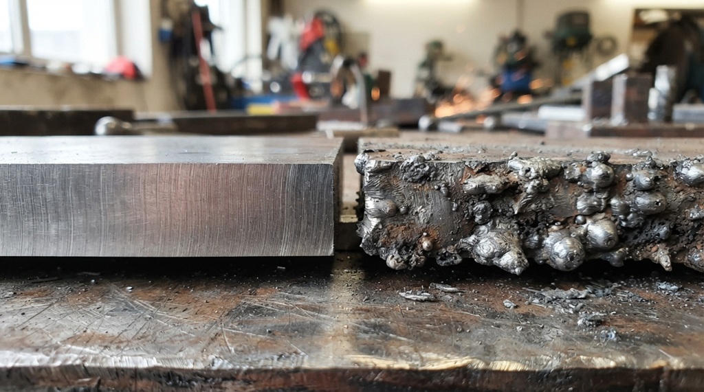 Side by side comparison of a clean plasma cut edge versus a rough edge.