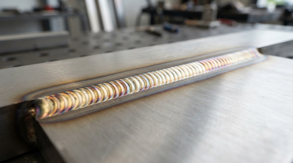 A completed clean TIG weld joint showing a stacked-dime pattern.