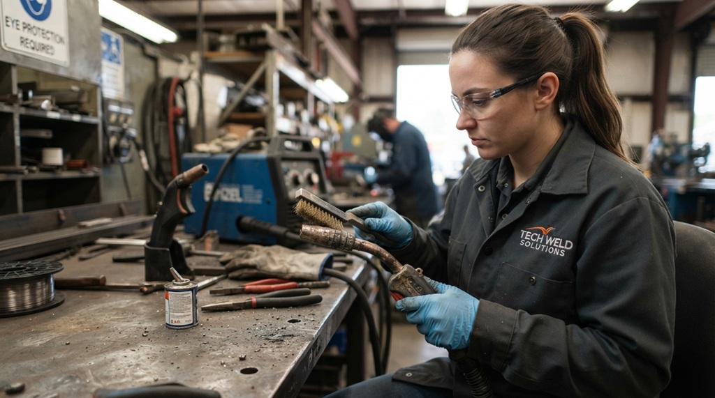 A female technician cleaning a MIG torch nozzle using a small wire brush.