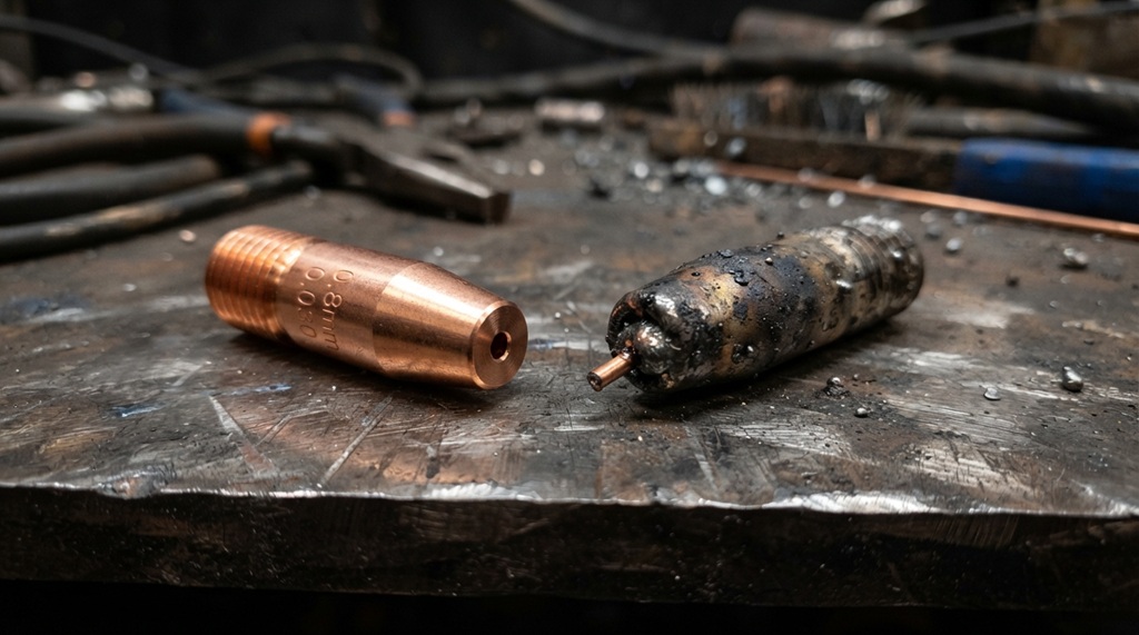 Side-by-side view comparing clean contact tip with heat-damaged burnback tip.
