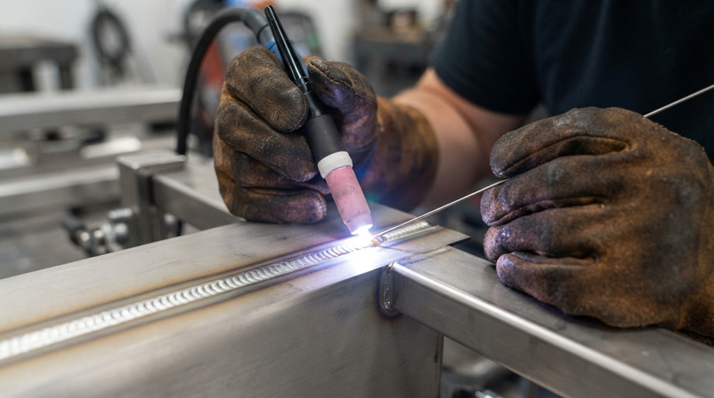 A male welder feeding filler rod into a molten TIG weld puddle.
