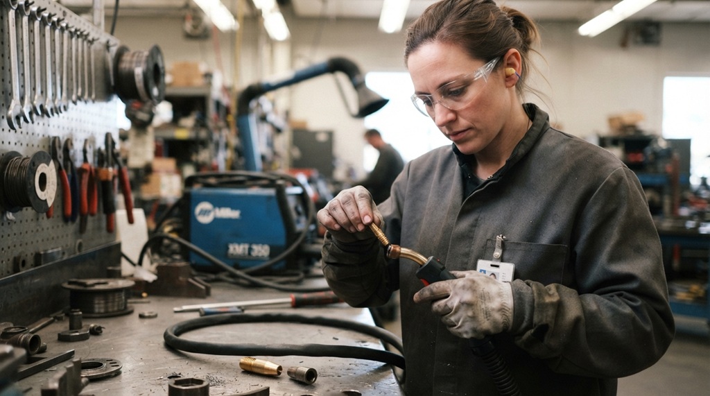 Female welder installing proper contact tip on MIG torch at workbench.