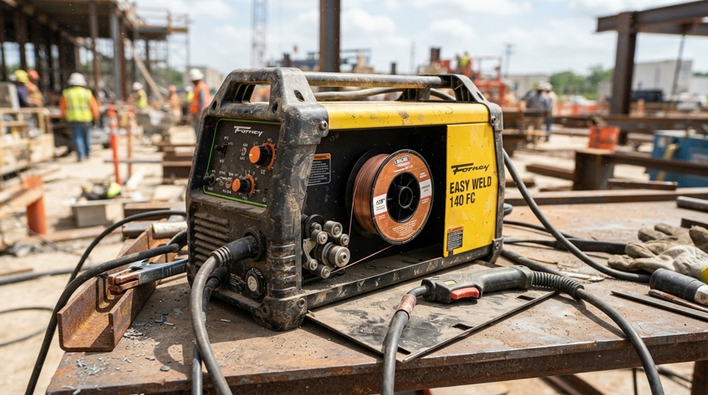 A portable flux core welding machine equipped with self-shielding wire on an outdoor job site.
