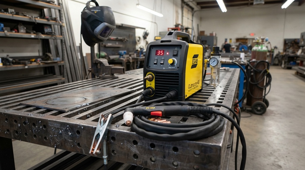 Compact inverter plasma cutter machine sitting on a metal welding workbench.