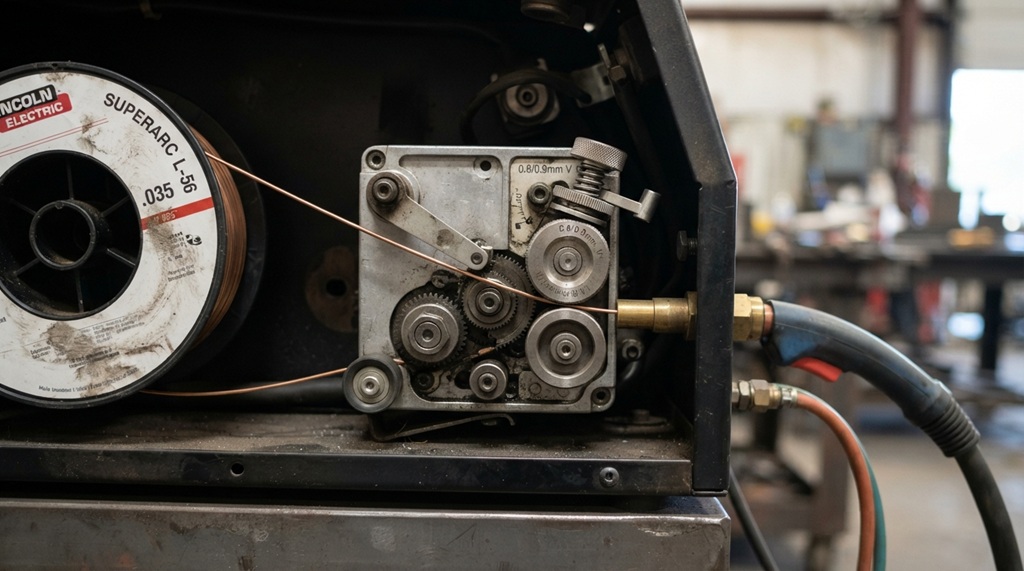 Close-up of open drive roll mechanism feeding wire inside MIG welder.