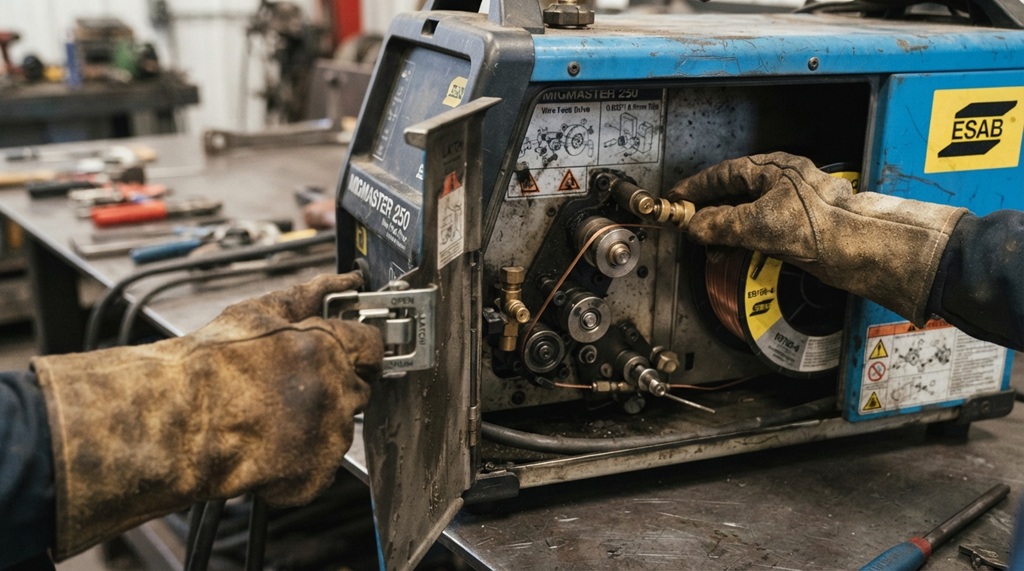 Gloved hands adjusting the wire spool tension inside a MIG welding machine.