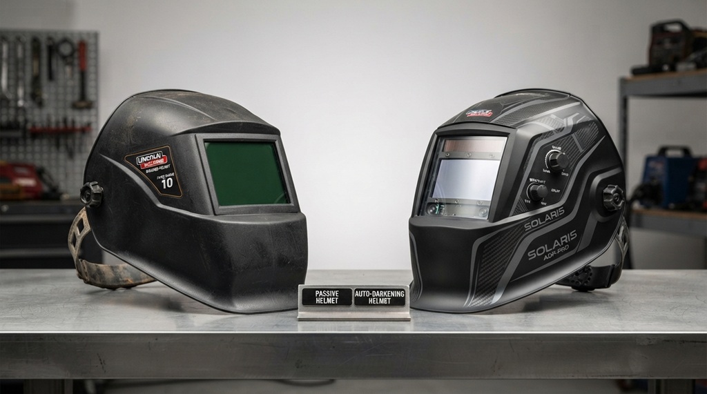 Side-by-side comparison of a passive lens and an auto-darkening welding helmet on a table.