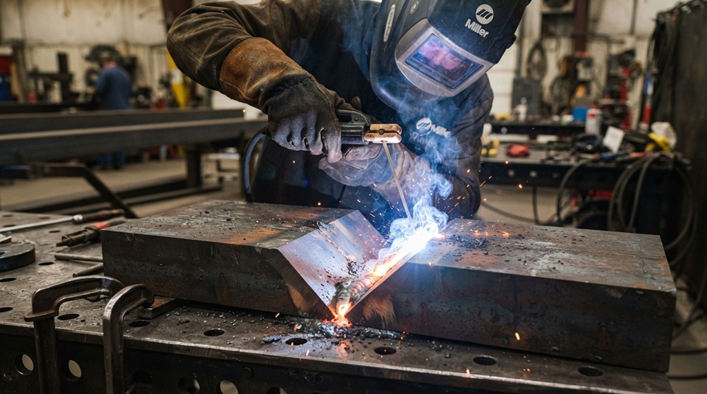 Welder holding stick electrode at drag angle over steel groove joint.
