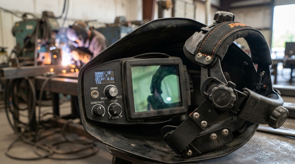 Close-up of adjustable headgear and shade controls on a modern welding helmet.