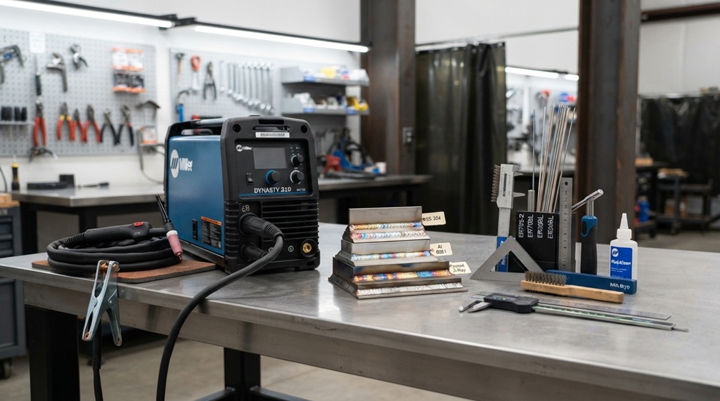 Compact TIG welder on workbench beside clean steel weld samples and testing tools.