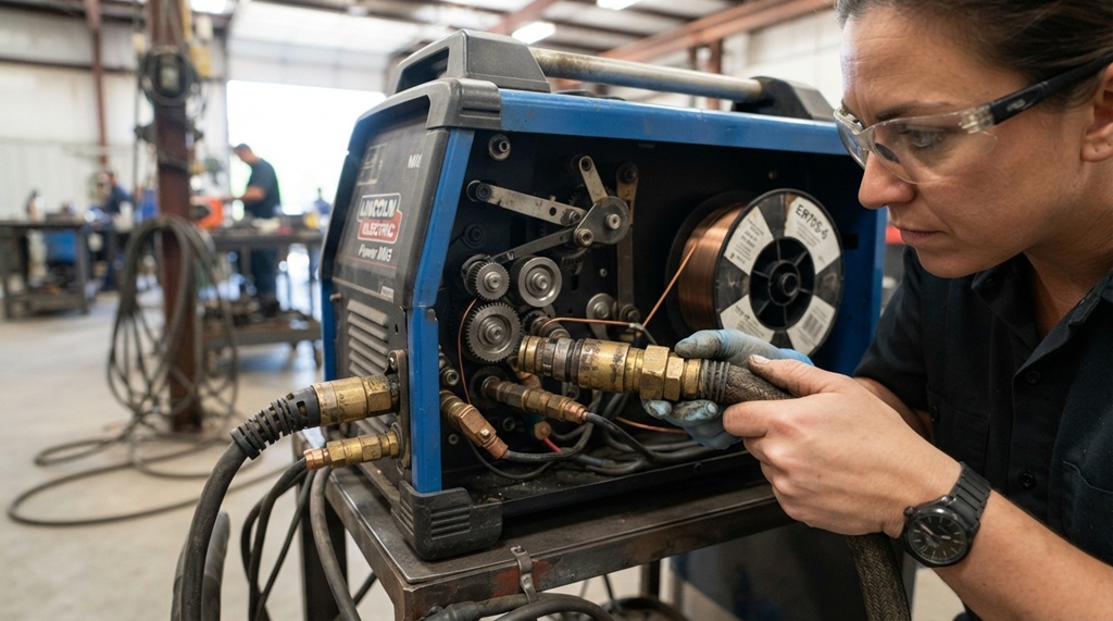 Technician inspecting wire feeder and heavy-duty connectors inside industrial welder.