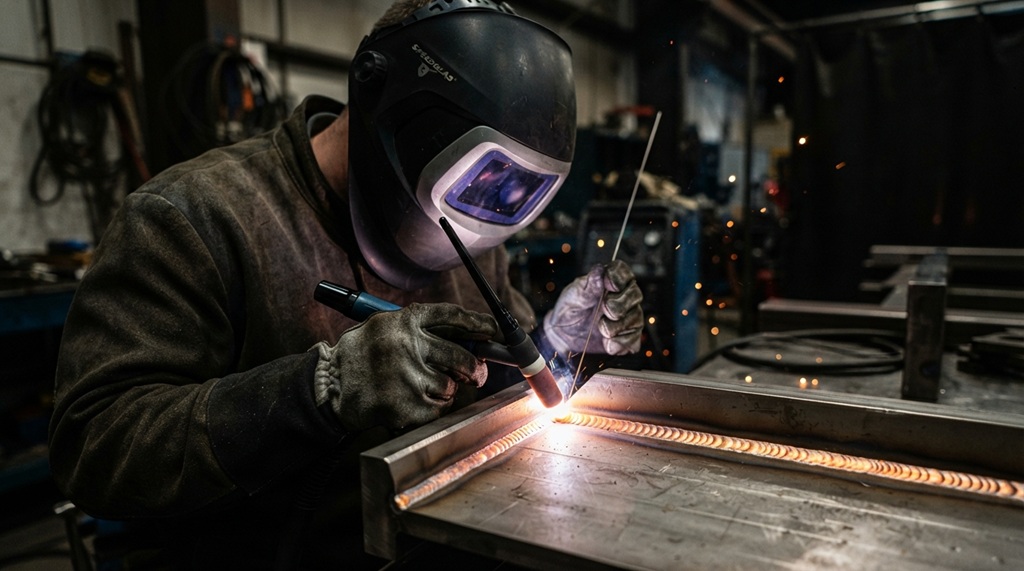 Male welder wearing a protective helmet welding a strong metal joint without undercut defects.