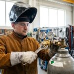 Man attaching brass gas regulator to welding tank using wrench.