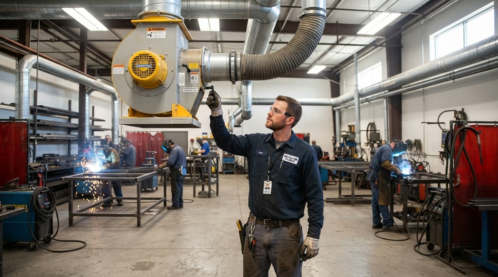 Male worker setting up industrial ventilation fan in a welding shop.