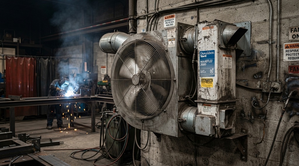 Industrial wall mounted exhaust fan running inside metal fabrication shop.