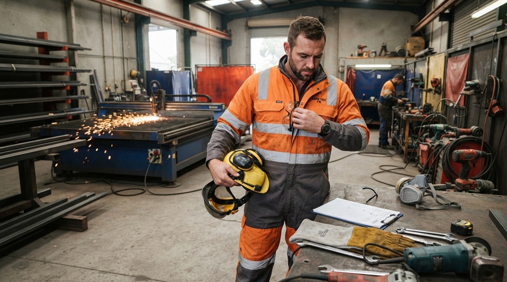 A male metalworker inspecting flame resistant safety gear at an industrial workshop table.