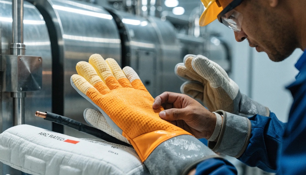 Male industrial technician inspecting insulated safety gloves and protective gear.