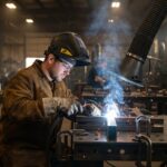 Male welder using flexible fume extraction arm at indoor workstation.