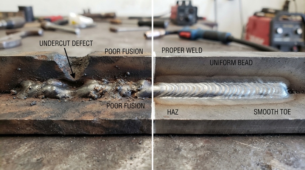 Side-by-side macro comparison showing a proper weld bead next to a defective undercut joint.