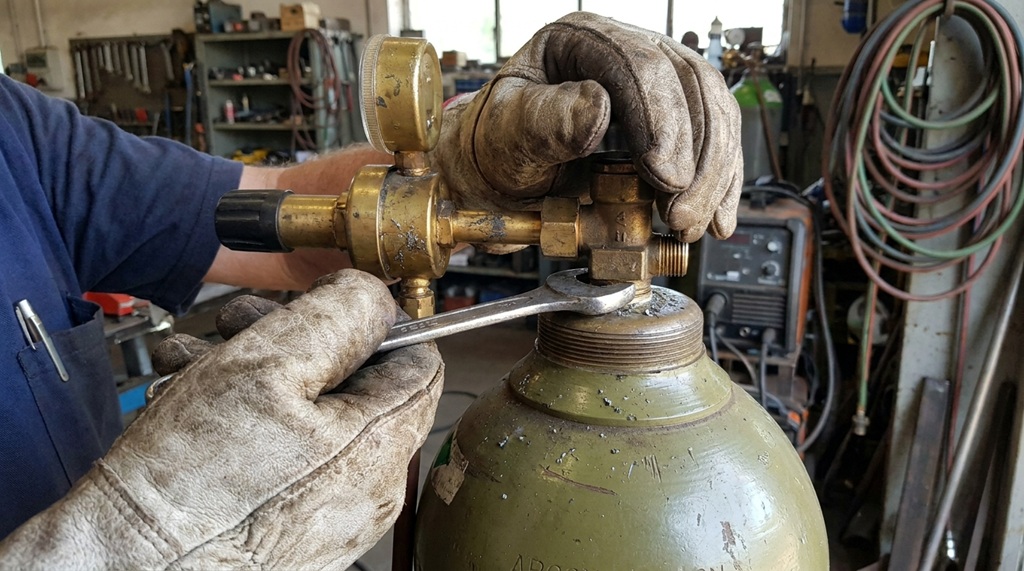 Male technician tightening gas regulator fitting on welding tank valve.